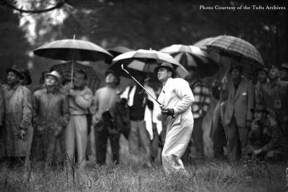 Sam Snead hits an approach shot during the 1951 Ryder Cup at Pinehurst.