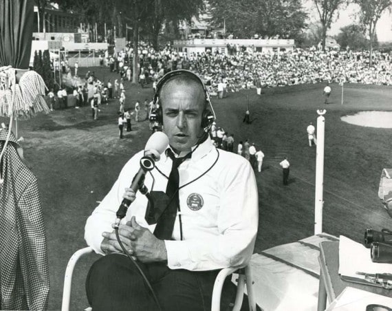 John Derr at home in his element โ from a TV tower broadcasting golf for CBS.