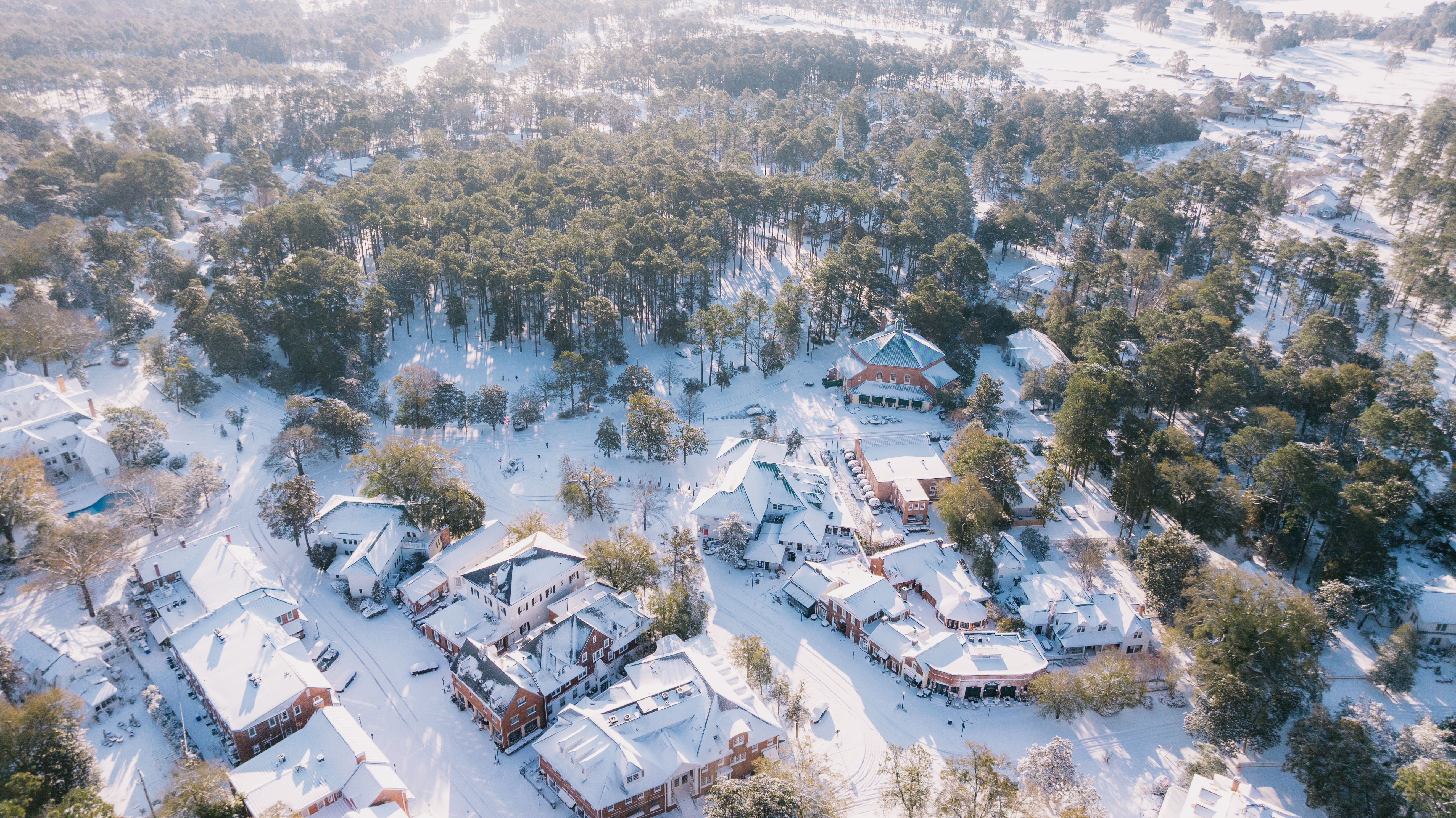 The Village of Pinehurst covered in snow